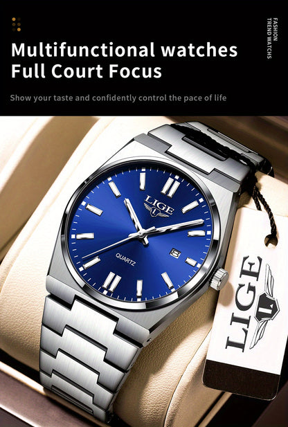 LIGE Stainless Steel Sports Watch for Men and Women - Dual Display Digital & Quartz Movement, Blue Dial, Rotating Bezel, Date Display, Metal Bracelet, Gift Box Included, Watch Accessories, LIGE