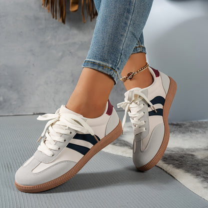 Women's Casual Low-Top Sneakers - Trendy Color Block Design, Light Gray with Navy Blue & Red Stripes, Comfortable Lace-Up Shoes for Casual Attire, Retro Style, Faux Cover Upper, PVC Sole, EVA Insole, Perfect for Spring and Fa
