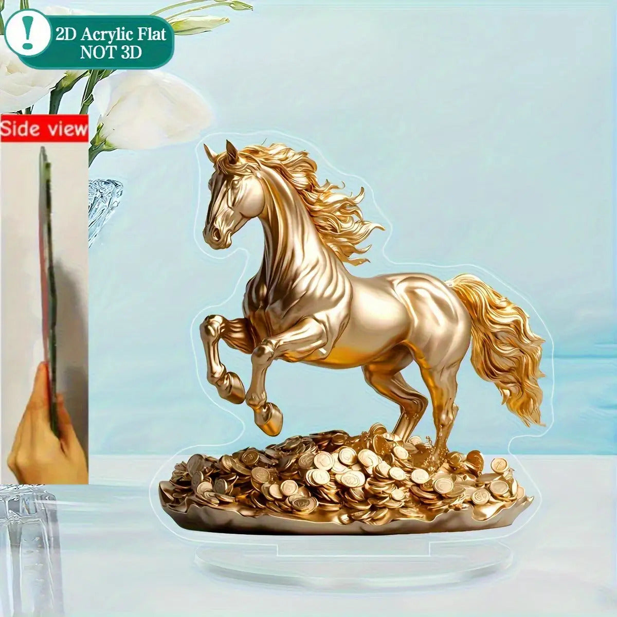2D Flat, 1pc 2D Flat Acrylic Golden Horse Ornament - Elegant Desktop Decoration, Luxurious Golden Plating with Exquisite Mane Details and Coin Base, Suitable for Home, Office, Wedding, Christmas - Animal Theme Decor, No Assem
