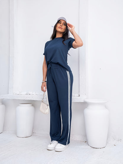 Women's Casual Swear Set: Short-sleeved T-shirt and High-waisted Trousers. Basic and Versatile, Suitable for Casual Attire, Commuting, and S. - ayq
