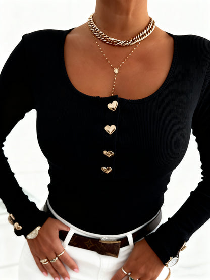 Cute, Personality, Square Neck Ribbed Tank Top with Golden Buttons, Long Sleeve + Crop Cut, Slim Fit to Show Clavicle, Stylish for Inner and Outer Wear, Versatile for Daily Commute