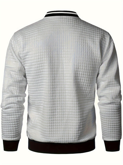 Men's Casual Bomber Jacket with Stand Collar - Polyester and Elastane Blend, Knit Fabric with Slight Stretch, Solid Color, Zipper Detail, Long Sleeve, Regular Fit