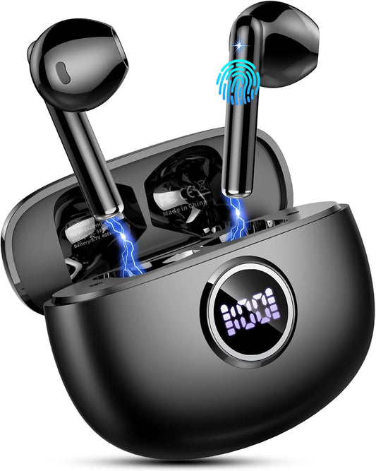 Wireless Earbuds, Bluetooth Headphones 5.3 Stereo Bass Ear Buds with ENC Noise Cancelling Mics, 40H Playtime Bluetooth Earbuds with LED Display, IP7 Waterproof in Ear Earphones for Android Ios, Black