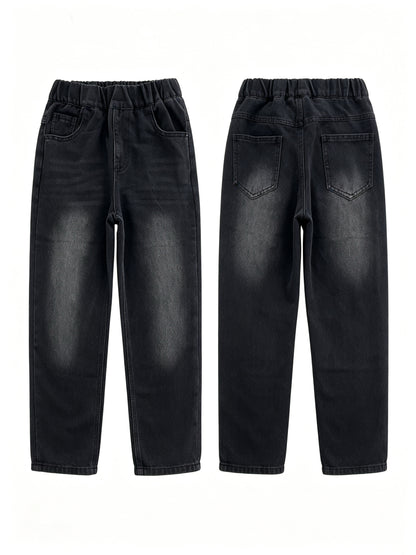 Boys' Black Washed Straight Leg Cargo Jeans, Soft Cotton Blend