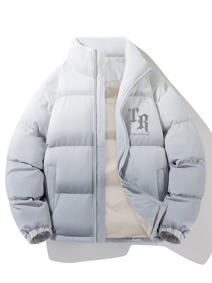 1 հատ տղամարդու փողոցային ոճի վերարկու՝ կանգնած օձիքով, այբուբենի նախշերով, սովորական չափսերով, լարերով, չձգվող գործվածքով պոլիեսթեր, 100% պոլիեսթերային լցոն, երկար թևքերով, ամենօրյա տաք, գրադիենտային բաճկոն՝ աշնանային և ձմեռային համար