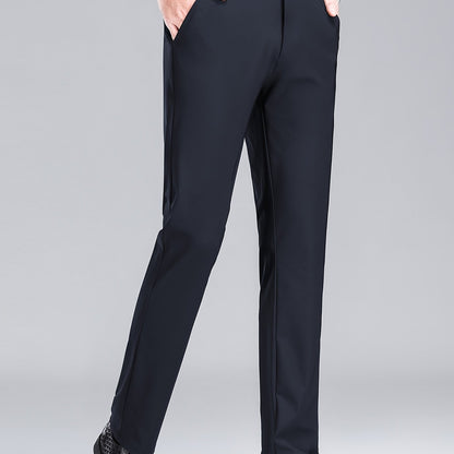Men'S Navy Blue Straight Leg Dress Pants - Casual Style, Polyester Fabric with Slight Stretch, Mid Waist, Button Closure, No Belt, Regular Fit, Outdoor & Office Wear, Office Attire|Straight Leg Pants|Polyester Fabric