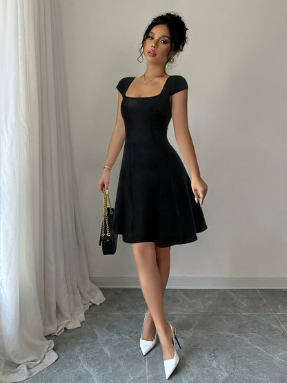 Elegant Square Neck A-Line Dress with Puff Sleeves - Stretchy, Solid Color, Chic Design for Everyday & Work Wear