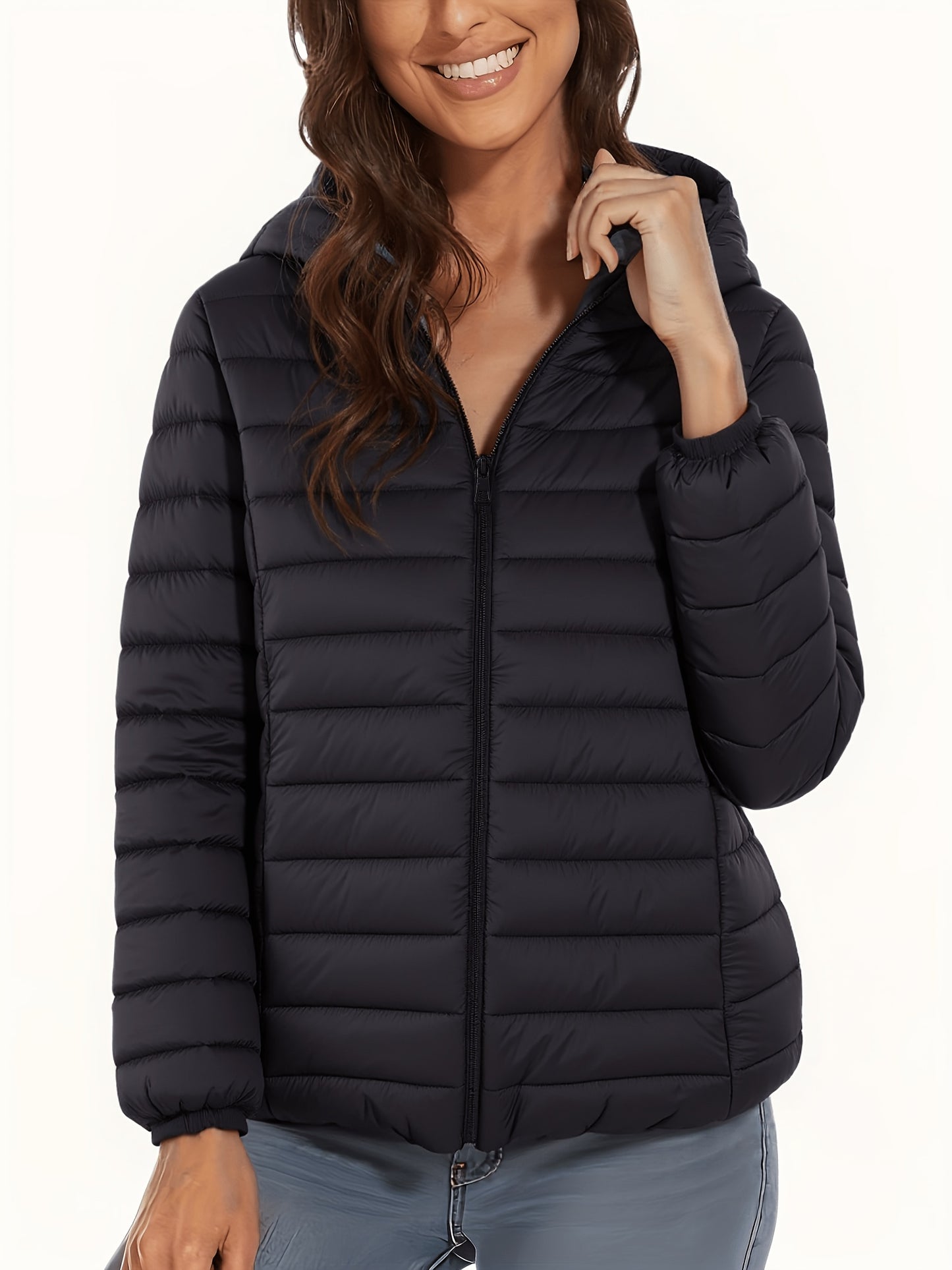 Lightweight Women's Hooded Zipper Padded Coat with Retractable Cuffs