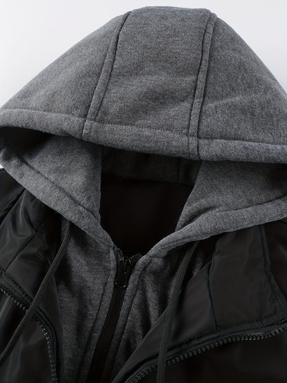 Men'S Winter Jacket with Detachable Hood - Warm Fleece-Lined Zip-Up Coat, & Orange Contrast Design, Polyester Lining, Regular Fit for Cold Weather, Casual Outerwear, Durable Zipper Closure