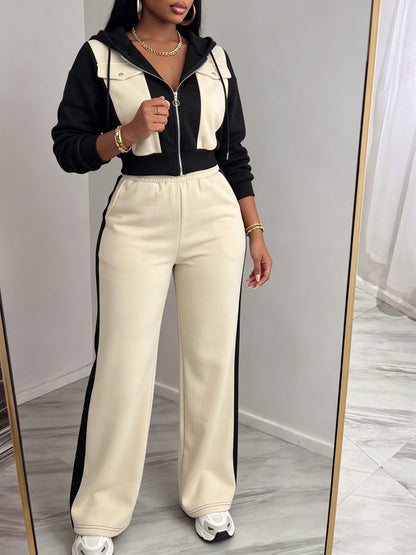 Casual Color-Block Hoodie & Straight-Leg Pants Set for Fall/Winter - ayq