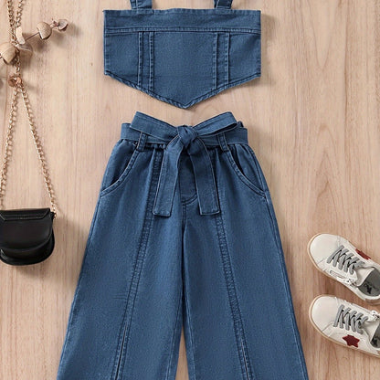 Relaxed Fit, Chic Girl's Denim Outfit Set - անթև վերնաշապիկ և բարձր գոտկատեղով բացված շալվար գոտիով, բամբակյա խառնուրդ, լվացվող մեքենայում, կատարյալ դրսում