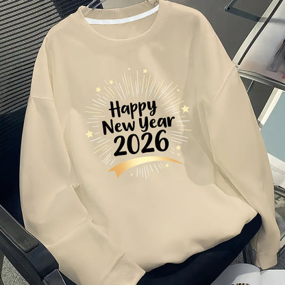 Men's Happy New Year 2026 Print Round Neck Sweater - Casual Long Sleeve Pullover with Chinese/English Lettering, Machine Washable Winter Sweaters for Parties, Daily Wear & New Year Gifts (Happy 2026 Design)