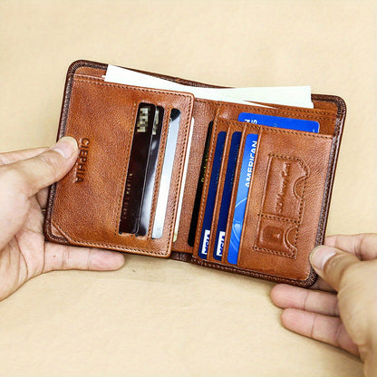 1 հատ CIEPHIA Vintage բնական կաշվից RFID արգելափակող դրամապանակ տղամարդկանց համար՝ բարակ, բազմաֆունկցիոնալ նույնականացման և կրեդիտ քարտի կրիչ, դաջված տարբերանշանով շագանակագույն, Իդեալական նվեր Սուրբ Վալենտինի օրվա համար