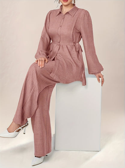 Women'S Solid Color Long Sleeve Knotted Waist Single-Breasted Shirt and Pants Elegant Commuter Set, Two-Piece Summer Autumn Women'S Outfit Office Business Casual Women'S Suit