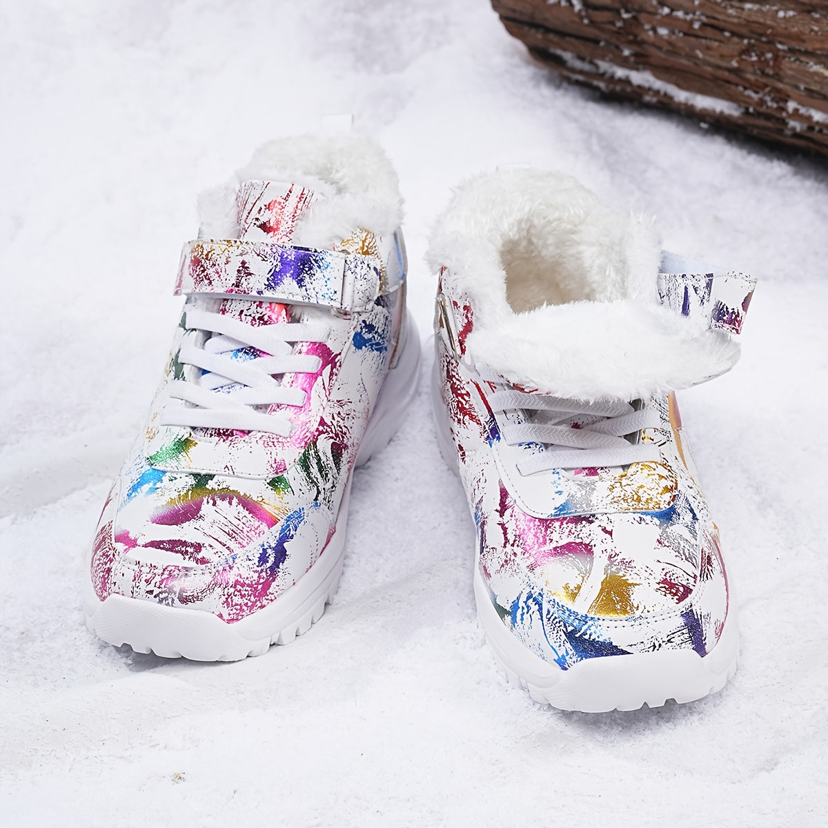 Women'S Plush Winter Snow Boots - Thick Cushioned Mid-Heel, Round Toe & Closure, Vibrant Floral Pattern, Warm Fleece Lining, Perfect for Casual & Formal Occasions, Snow Boots for Women, Formal Footwear, Decorative Pattern Foo