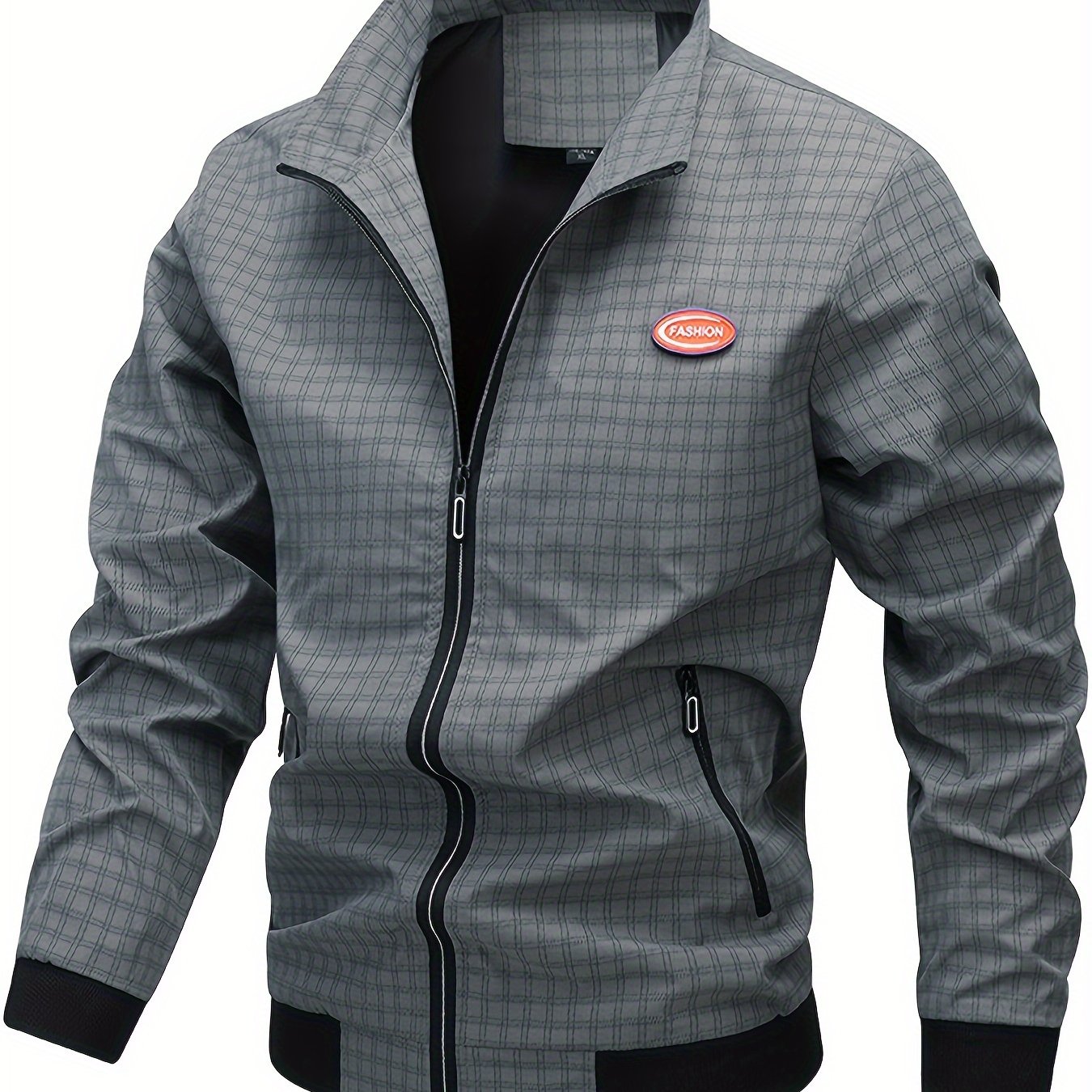 Men's Casual Outdoor Jacket - Spring/Fall Softshell Jacket with Checkered Pattern, Long Sleeves, and Zipper Closure