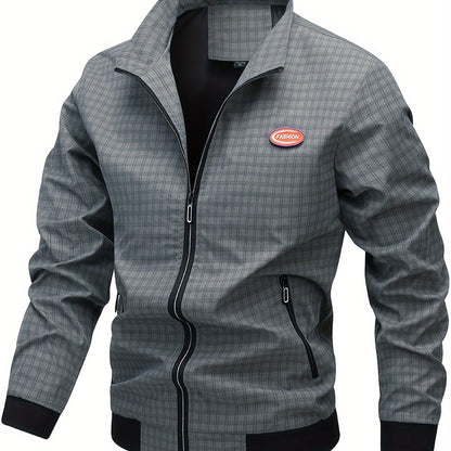 Men's Casual Outdoor Jacket - Spring/Fall Softshell Jacket with Checkered Pattern, Long Sleeves, and Zipper Closure