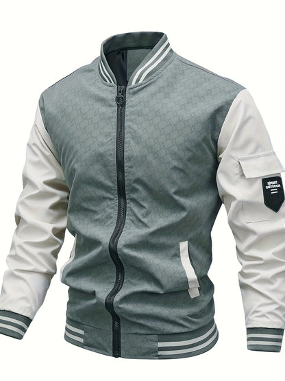 Men's Casual Autumn Jacket with Geometric Pattern, Polyester