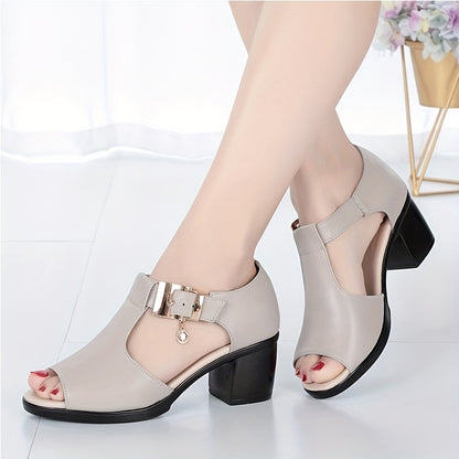Elegant Women'S Open-Toe Chunky Heel Shoes - Comfortable Mid-Height with Golden Buckle Strap, Breathable Cut-Out Design, Shock-Absorbing Insole  Durable Rubber Sole for Summer Casual  Formal Occasions, High Heel Footwear, D