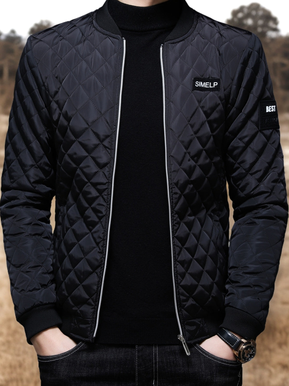 Men's Casual Fall/Winter Polyester Bomber Jacket with Baseball Collar