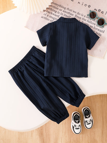 Boys' Navy Blue Plaid Casual Outfit Set for Spring Summer