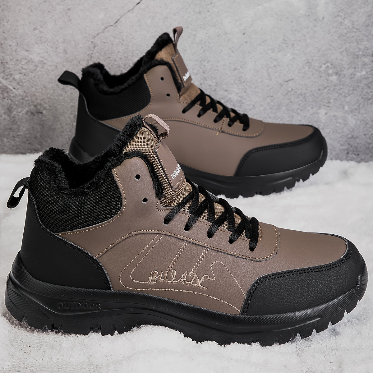 Men'S Mid-Top Snow Boots - Lightweight, Flexible Sole, Comfortable Thick Plush Lining, Classic Brown & Black, Durable MD Outsole for Hiking, Street Walking & Winter Outdoor Sports, Lace-Up Closure, Retro Style, Synthetic Uppe