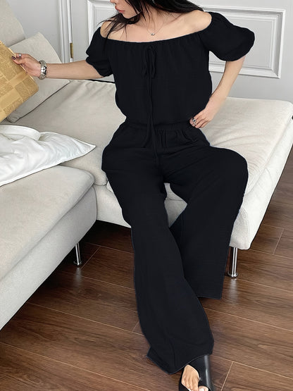 Women's Summer Solid Color Off-Shoulder Puff Sleeve Crop Top and Loose Wide-Leg Pants Two-Piece Set - ayq