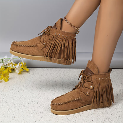 Women'S Fashion Solid Color Tassel and Rivet Chunky Sole Anti-Slip Soft Sole Chelsea Boots, Round Toe Lace-Up Zipper Western Cowboy Boots, Casual All-Season Comfort Flat Heel Dress Boots with Superfine Fiber Upper/Inner & Rub