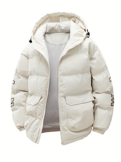 789 Men'S Stylish Thickened Winter Hooded Coat - Warm Fleece-Lined Jacket with "CONS" Letter Design, Loose Fit, White, Casual Winter Outerwear, Winter Jacket