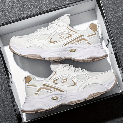Men'S 2025 New Fashionable Low-Top Sneakers with Thick Sole - Non-Slip, Outdoor Casual Shoes for Teenagers and Young Adults, White and Golden Accents, All-Season Comfort, Casual Footwear   Modern Sneaker Design   Rubber Base