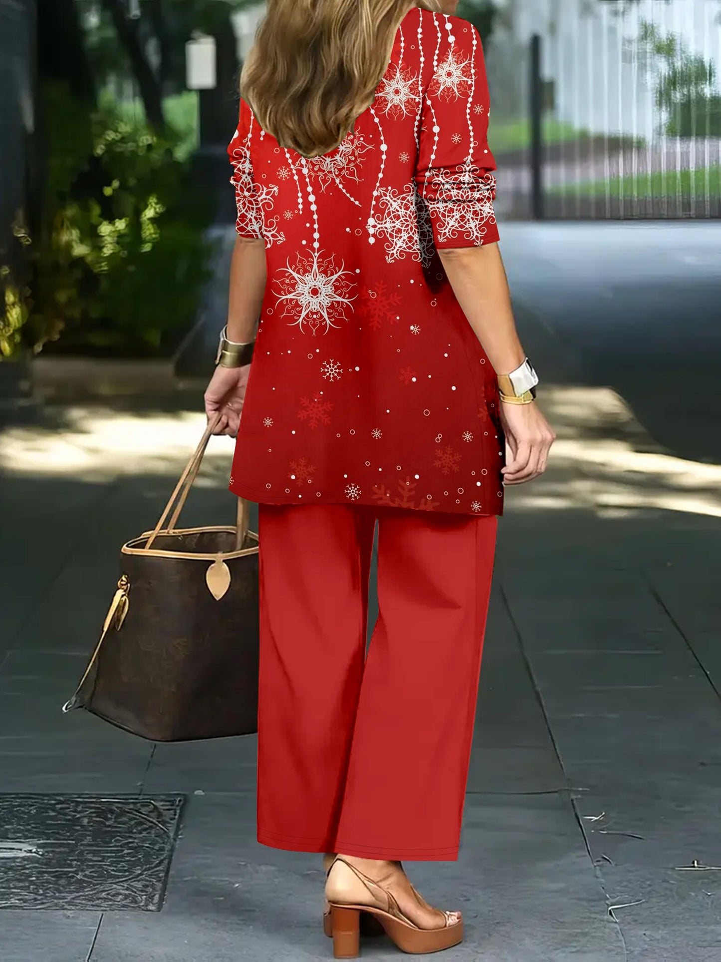 Red Base Pattern Print Top and Pants Three-Piece Set, Spring Summer Autumn Winter Versatile Fashion Full-Body Print Long Sleeve Jacket Solid Color Round Neck