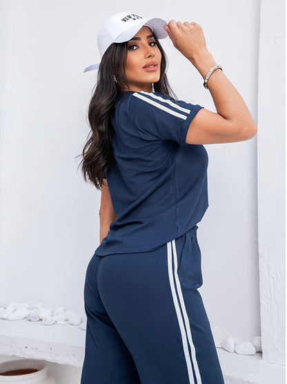 Women's Casual Swear Set: Short-sleeved T-shirt and High-waisted Trousers. Basic and Versatile, Suitable for Casual Attire, Commuting, and S. - ayq