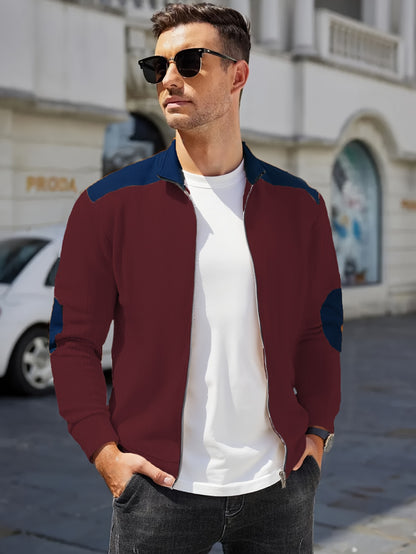 Men'S Long Sleeve Patchwork Fashion Warm Jacket, Corduroy Long Sleeve Warm Coat with Zipper Stand Collar Long Sleeve Casual Comfortable Autumn and Winter Style