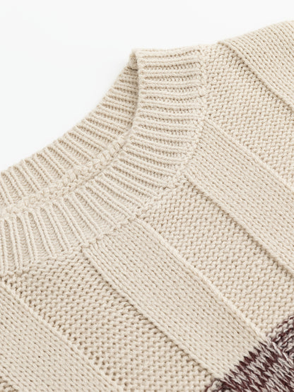 Տղամարդու սվիտեր կլոր վզով, աշնանային և ձմեռային հաստ դիզայնով, բարդ նախշերով, հակապատկեր շերտերով և առօրյա ռետրո ոճով՝ սովորական չափսերով, տրիկոտաժե