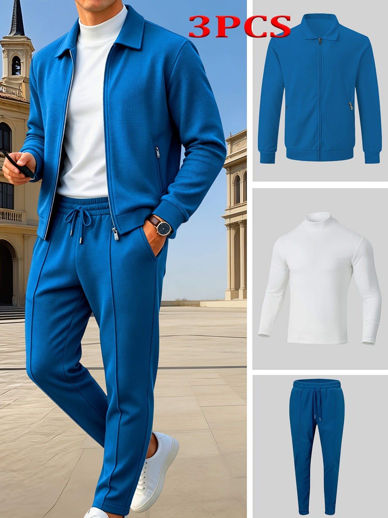Men's Casual 3-Piece Knit Set with Zipper Jacket & Drawstring Pants
