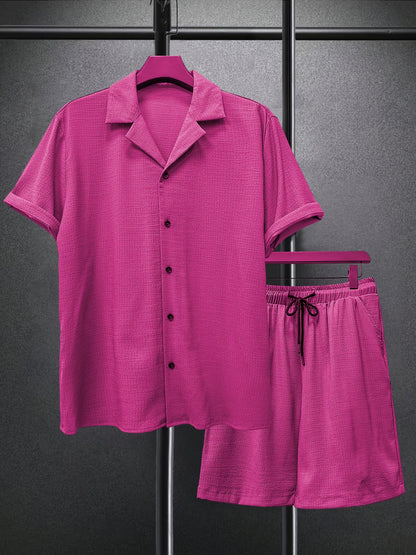 2025 spring and summer new small checkered texture shirt and shorts suit, casual solid color suit collar short-sleeved shirt and shorts Men's 2pcs suit, summer light top and pants Men's beach suit, daily outing, casual travel