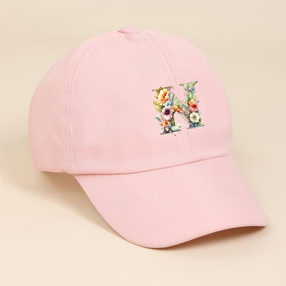 Adjustable Pink Baseball Cap for Kids with Floral Alphabet Design
