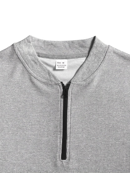 Men's Waffle Knit Zipper Shirt, Rib Collar Short Sleeve T-Shirt, Casual Breathable Summer Top - ayq