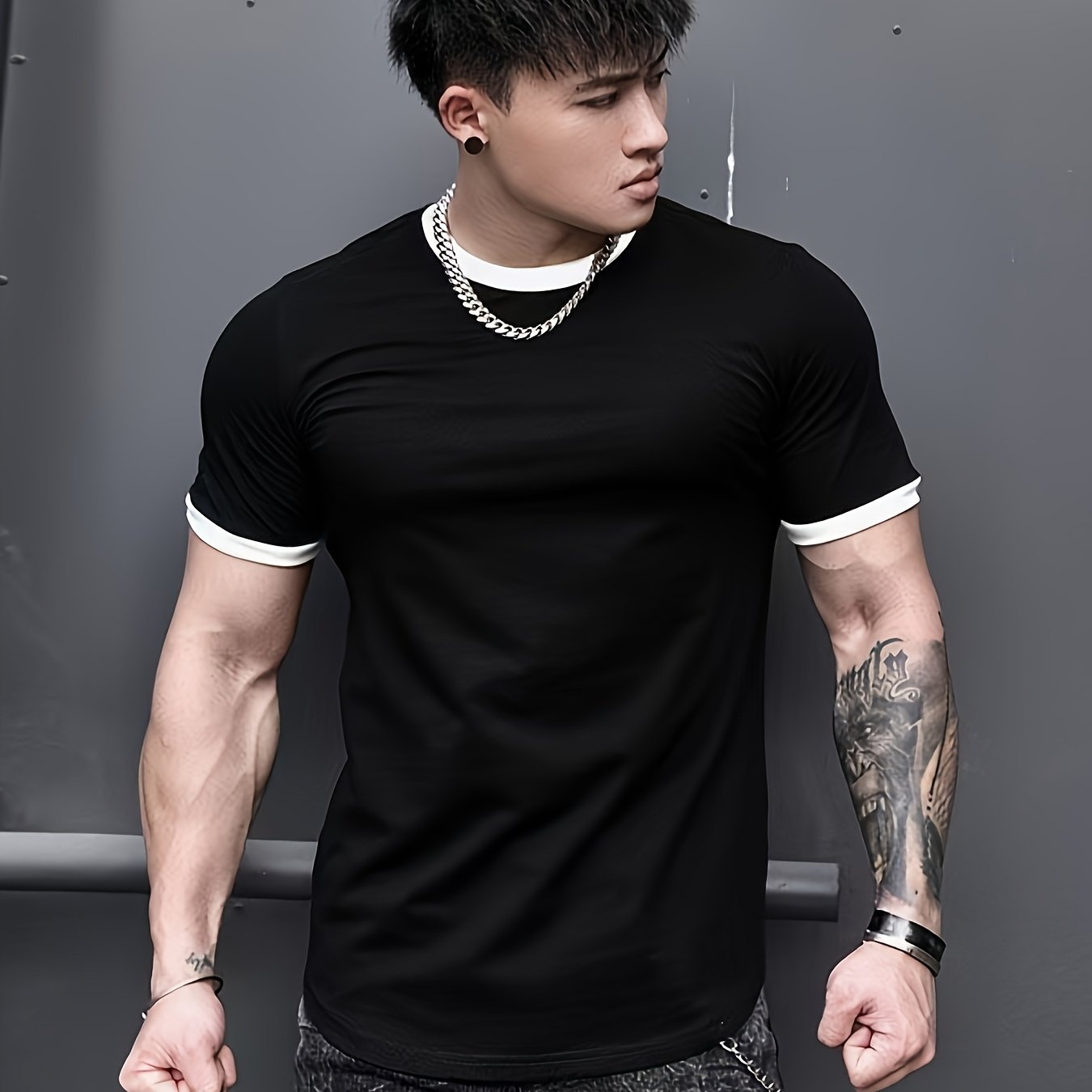 Men's Quick-Dry Athletic T-Shirt - High Elasticity, Breathable Polyester, Black with White Contrast Trim, Round Neck, Short Sleeves for Gym, Running & Basketball, Workout Clothing | Casual Sportswear | Polyester Fabric