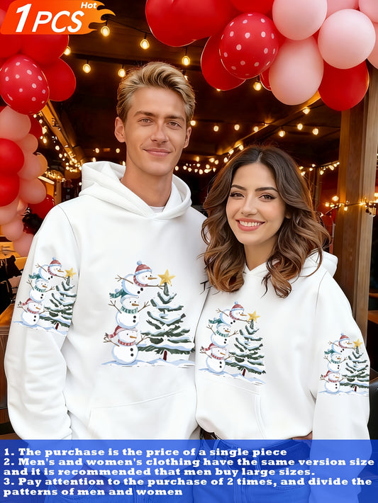1pc Couple Matching Snowman Christmas Tree Print Oversized Hooded Sweatshirt, New Arrival Valentine'S Day Outfit, Casual Elegant Stretchy Fiber Fabric, Fleece Lined Soft Warm Long Sleeve Top For Sports, Travel & All-season We