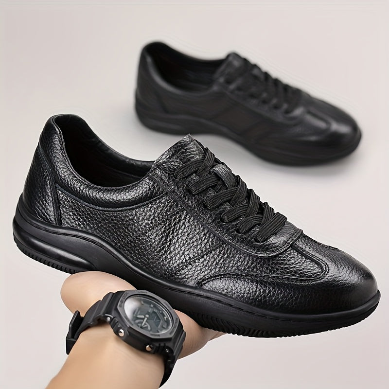 [Sneakers] Genuine Faux Leather Men'S Outdoor Casual Shoes - Comfortable And Versatile Soft Surface Lightweight Walking Shoes - High-Quality Black Lace-Up Minimalist Retro Rubber Sole Men'S Shoes - ayq
