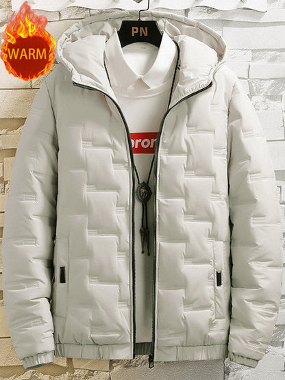 1pc Men's Heavy-Duty Winter Jacket with Hood - Stand Collar & Zippered Pockets, Grey/Black & White, Machine Washable Cold Weather Coat for Skiing, Snowboarding, Outdoor Activities (-Filled)