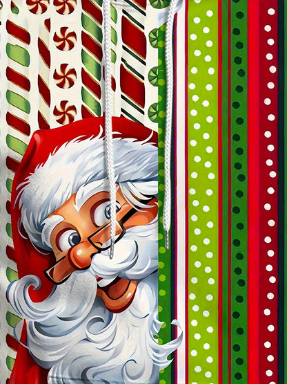 Plus Size Men's Funny Christmas Hoodie- Festive Santa Claus& Snowflake Print, Red& White Holiday Sweatshirt with Pockets, Casual Long Sleeve Pullover for Fall& Winter, Perfect Christmas Gift, Christmas Clothes, PLUS SIZE