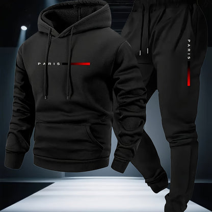 Halloween Men'S Hoodie with PARIS Lettering And Drawstring Sweatpants Set, a Must-Have Outfit for Autumn And Winter, Perfect for Everyday Outdoor Wear - ayq