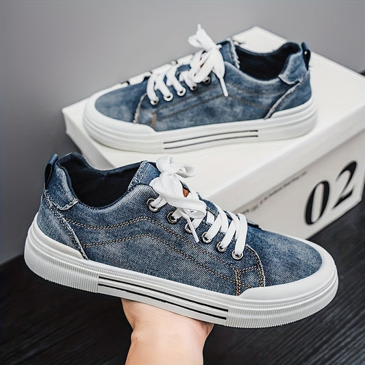 Men's Casual Canvas Sneakers - Trendy Blue Denim Low-Top Lace-Up Shoes with White Rubber Sole, Durable & Comfortable for Casual Attire, Street Style, and Outdoor Activities, Casual Sneakers | Trendy Footwear | Durable Sneaker
