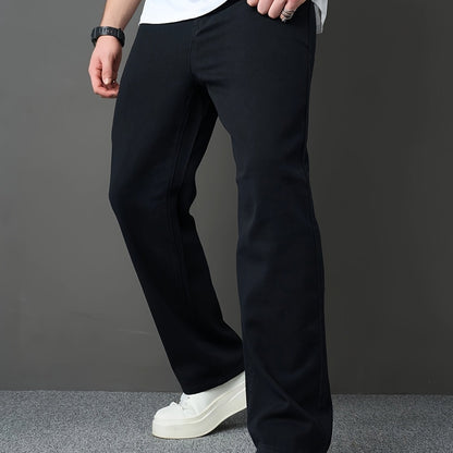 Men's Classic Black Straight-Leg Jeans - Loose Fit, Solid Color Denim, Cotton Blend, Machine Washable, All-Season Style, Streetwear Fashion|Modern Basic Jeans|Cotton Blend Denim