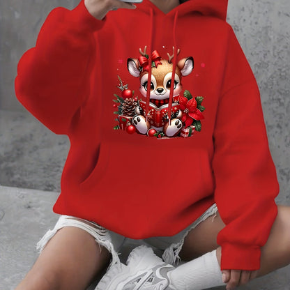 Women's Fashion Autumn/Winter Christmas Reindeer Print y Casual -Lined -Feel Hooded Sweatshirt