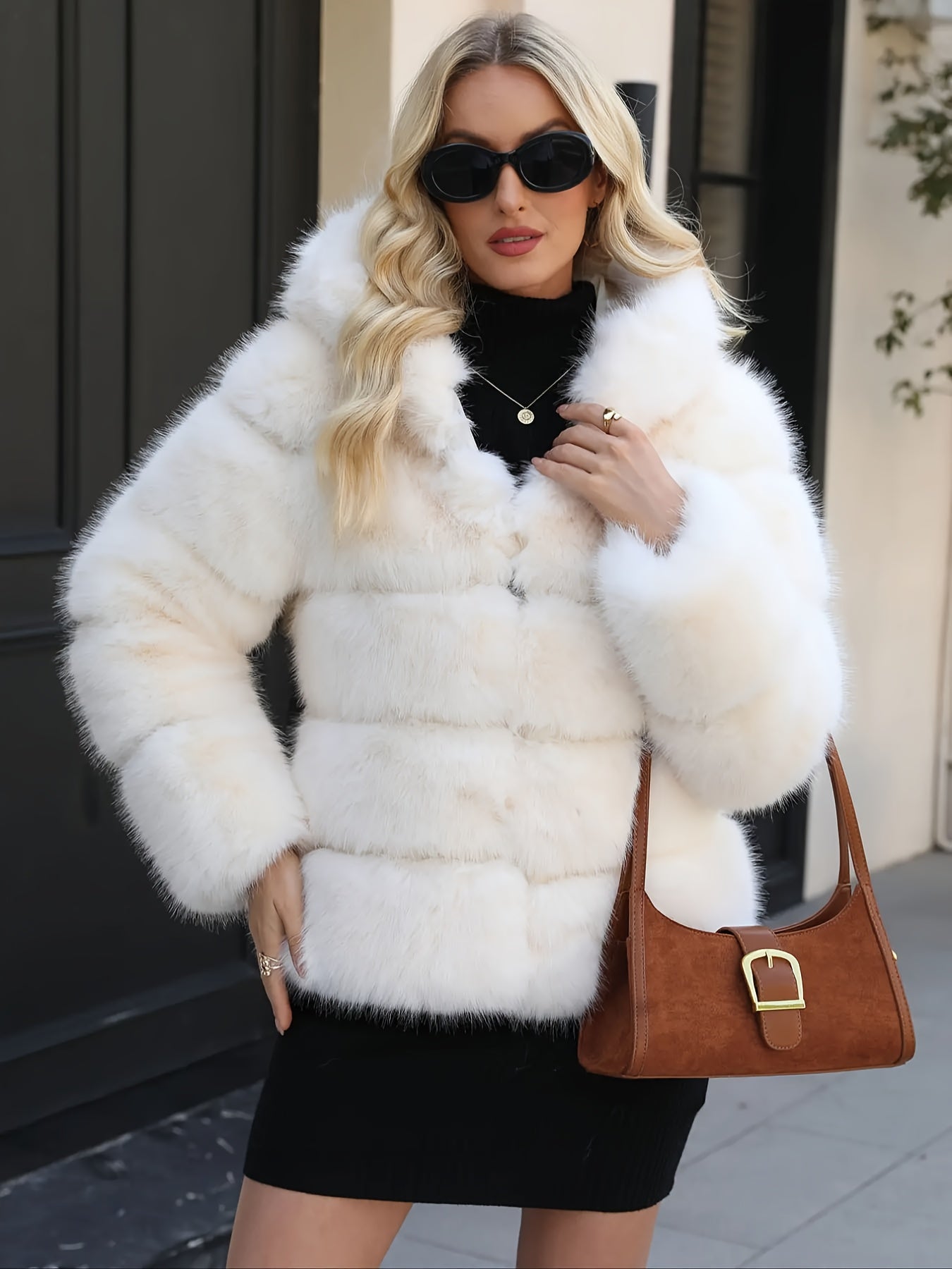 Women's Elegant White faux fur coat - Luxury Winter Outerwear with Single-Button Closure, Machine Washable Cold-Weather Jacket for Evening Events, Parties & Everyday - Chic Winter Coat for Women (Solid Color, O-Line Silhouett
