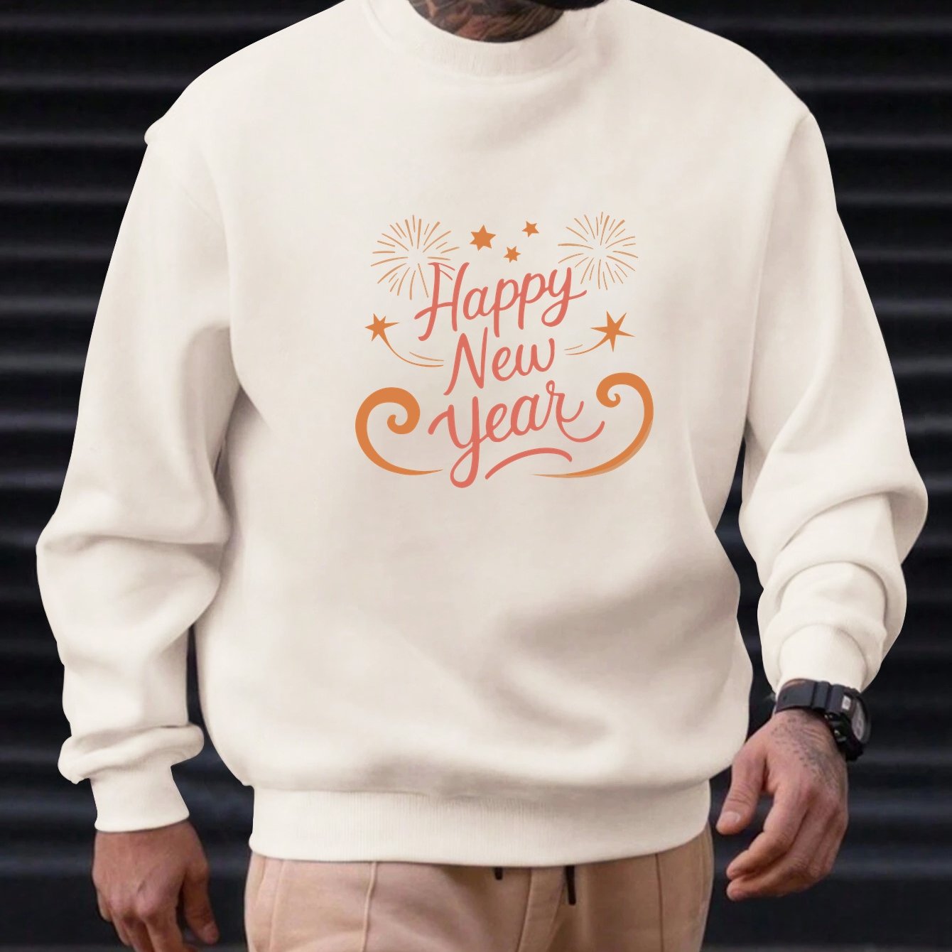 Men'S Happy New Year Sweatshirt - Light Grey with Orange Lettering - Regular Fit Crewneck Pullover for New Year'S Eve, NYE Parties & Casual Attire - Non-Permanent Celebration Sweater for Everyday & Special Occasions, New Year