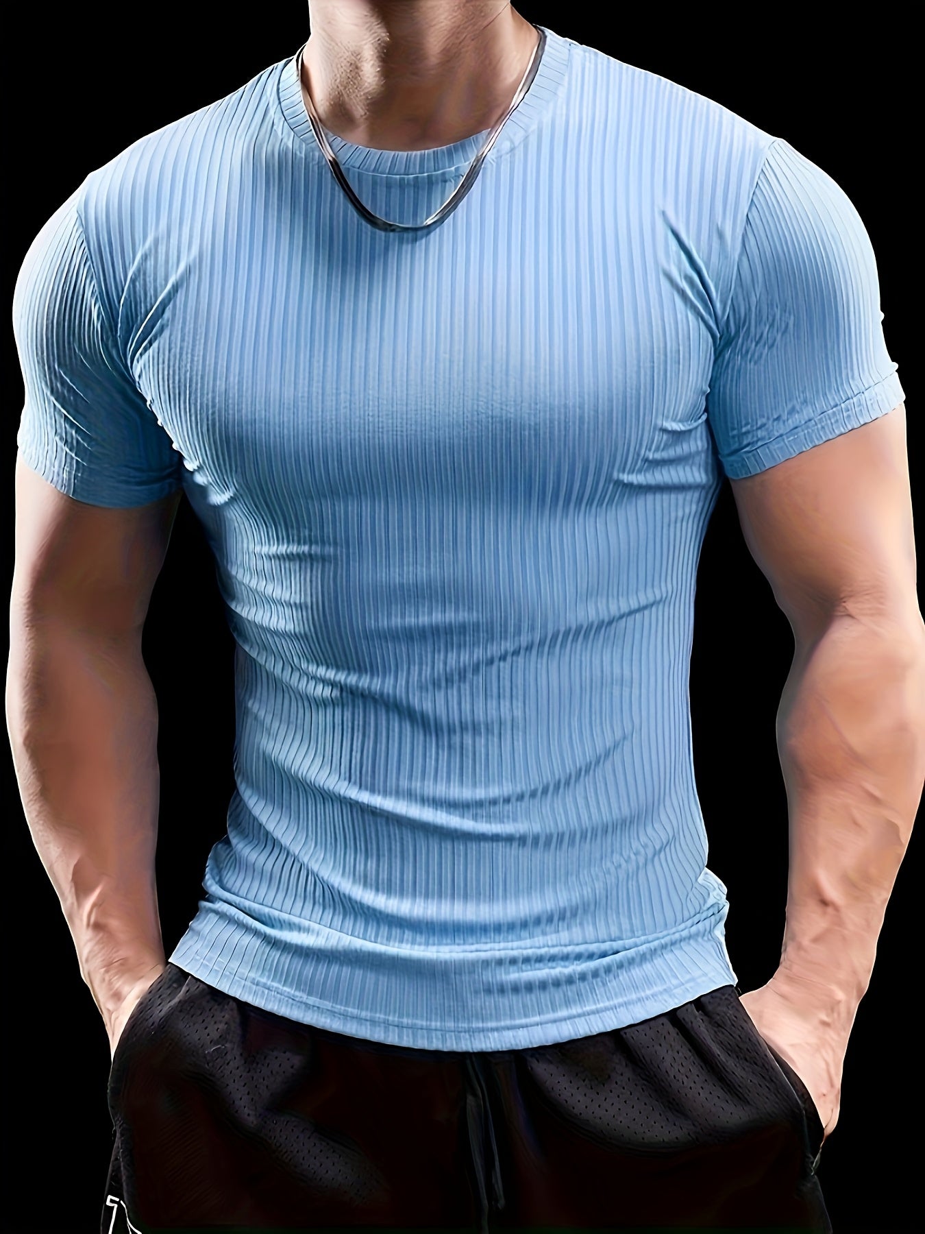Men's Slim Fit Ribbed Short Sleeve T-Shirt - Stretchy Athletic  Casual Wear, Green, Round Neck, Machine Washable, Muscle-Enhancing Design, Gym Shirts